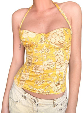 ROCKMORE【明媚盛夏】多巴胺黄色花卉印花挂脖吊带低胸性感背心潮