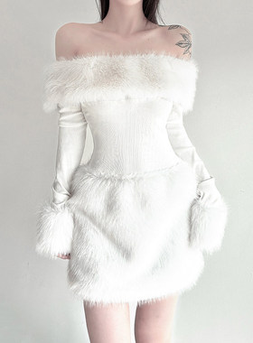 ROCKMORE【圣诞party】白色一字肩毛毛连衣裙女 长袖修身包臀裙短