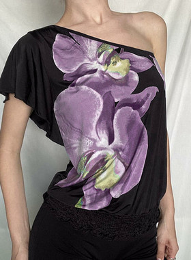 ROCKMORE【鸢尾花开】韵味紫色花卉印花斜肩短袖T恤 撞色宽松上衣