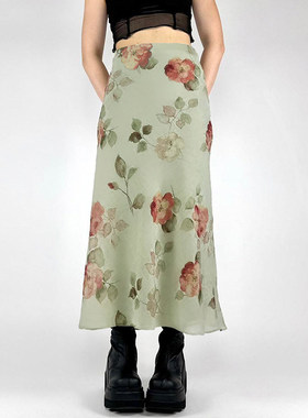 ROCKMORE【中古风情】植系印花绿色网纱半裙复古修身A字花卉裙子