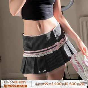 ROCKMORE 短裙 美校复古 撞色条纹蝴蝶结蕾丝百褶裙甜美辣妹西装