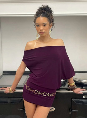 ROCKMORE【欧美气质】韵味紫色一字肩两穿蝙蝠袖连衣裙修身包臀裙