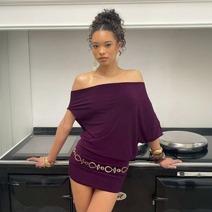 连衣裙修身 韵味紫色一字肩两穿蝙蝠袖 包臀裙 欧美气质 ROCKMORE