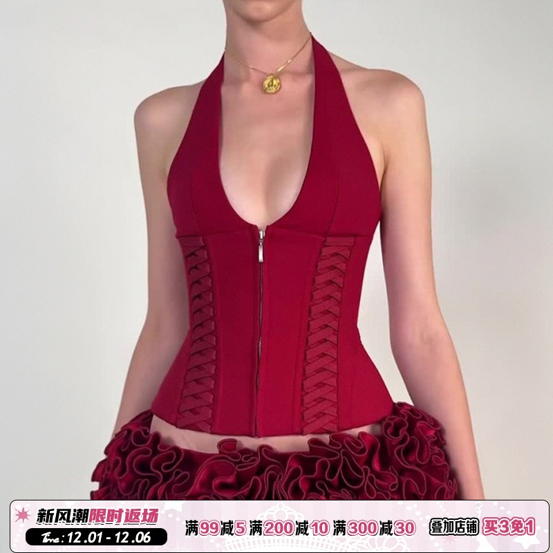 Jennie同款性感鱼骨绑带背心