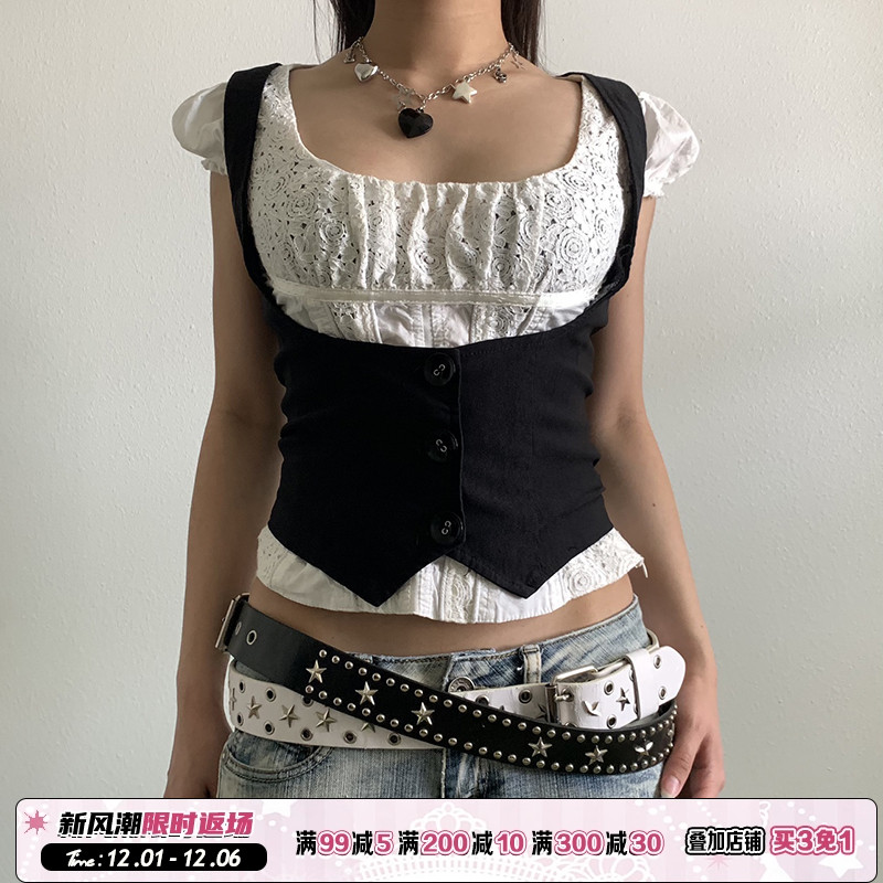 复古90s英伦风黑色排扣马甲女