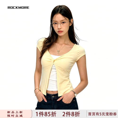 少女奶黄撞色扭结假两件短袖T恤