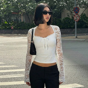 T恤女 白色方领蕾丝拼接长袖 蝴蝶结透视上衣 性感姐系 ROCKMORE