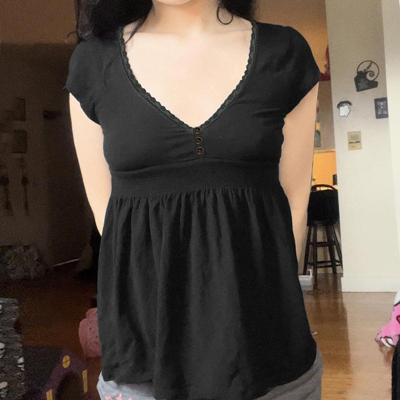 ROCKMORE【古早辣妹】黑色蕾丝拼接V领排扣短袖T恤收腰褶皱上衣女,女装/女士精品,T恤,淘宝优惠券,粉丝福利购,淘宝优惠卷