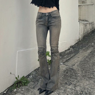 美式 女灰色微喇长裤 高街 低腰牛仔裤 复古做旧褶皱修身 ROCKMORE