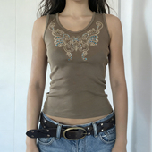 ROCKMORE 内搭吊带潮 复古烫钻印花卡其色背心女无袖 美式 辣辣风