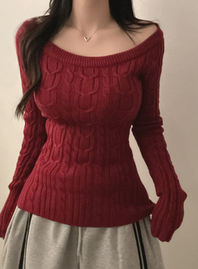 ROCKMORE【新年氛围】圣诞款红色一字肩针织衫女辣妹修身长袖毛衣