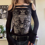 暗黑复古印花挖肩小众T恤轻亚风长袖 ROCKMORE 哥特艺术 上衣潮