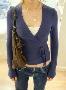 ROCKMORE【美式简约】蓝色V领交叉绑绳长袖上衣气质性感百搭T恤女