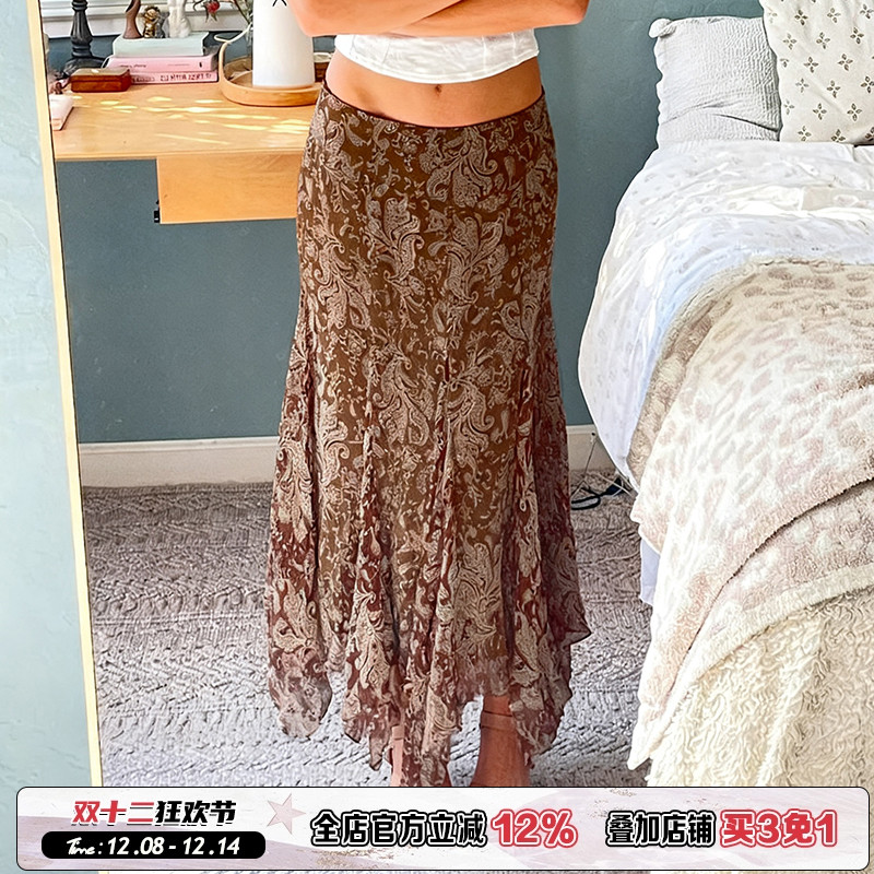 复古印花网纱不规则半身裙女