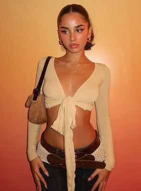 ROCKMORE【欧美度假风】深V领系带胸型长袖罩衫性感修身露脐上衣