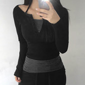 基础复古 假两件拼接撞色条纹长袖 T恤女 ROCKMORE 修身 显瘦上衣