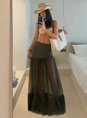 ROCKMORE【巴黎暮纱】设计感网纱拼接透视性感半身裙绿色度假长裙
