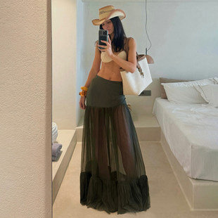 ROCKMORE 设计感网纱拼接透视性感半身裙绿色度假长裙 巴黎暮纱