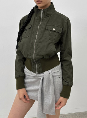 ROCKMORE【美式辣妹】军绿色复古拉链款立领牛仔夹克工装外套上衣