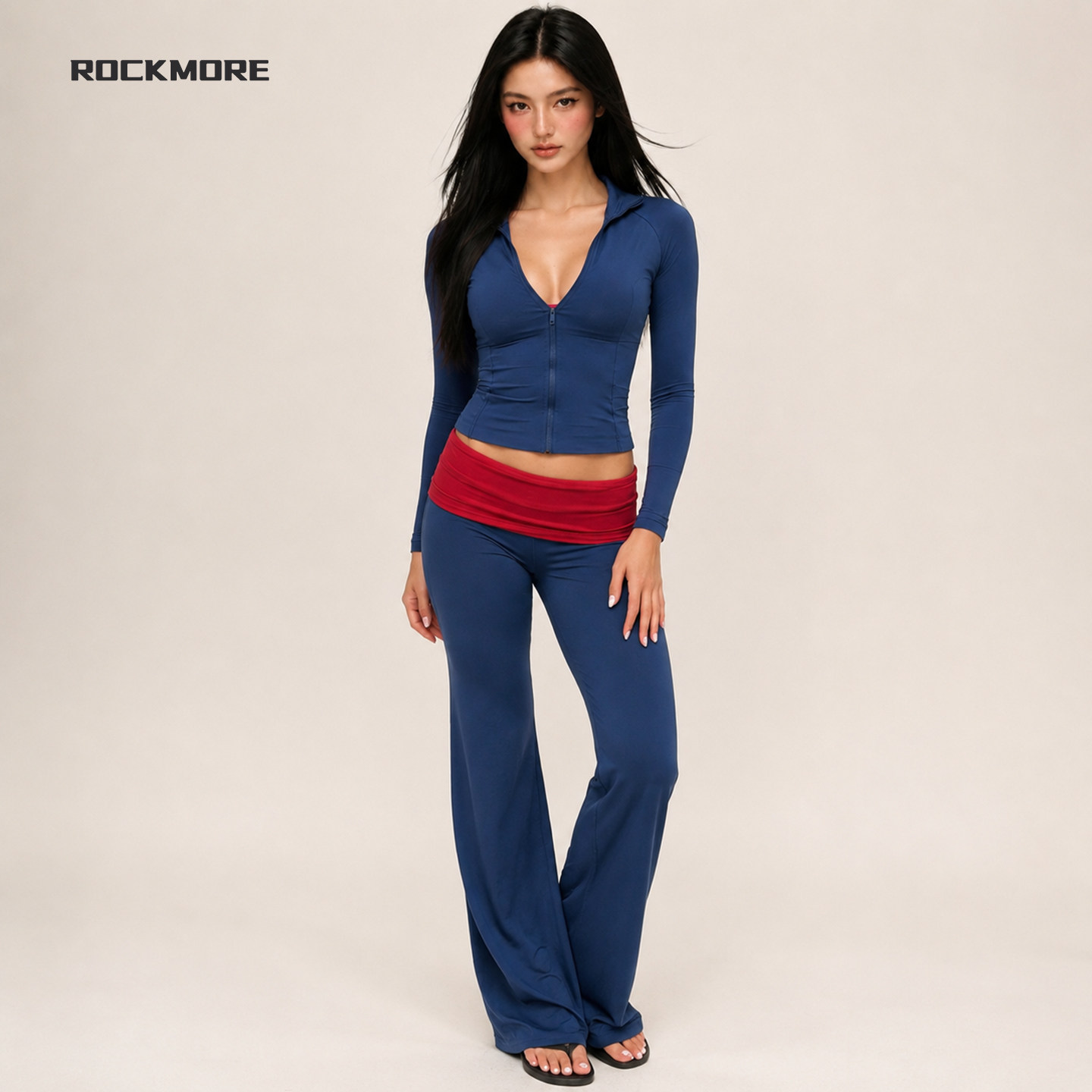 #ROCKMORE#运动辣妹风深蓝色拉链长袖上衣+撞色翻腰微喇裤女套装