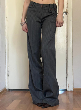 ROCKMORE【高智辣妹】通勤风灰色条纹百搭西裤低腰宽松显瘦休闲裤