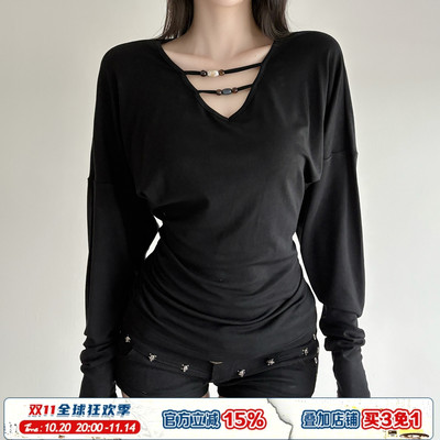 ROCKMORE【中古简约】黑色V领串珠收腰褶皱上衣显瘦宽松休闲T恤女