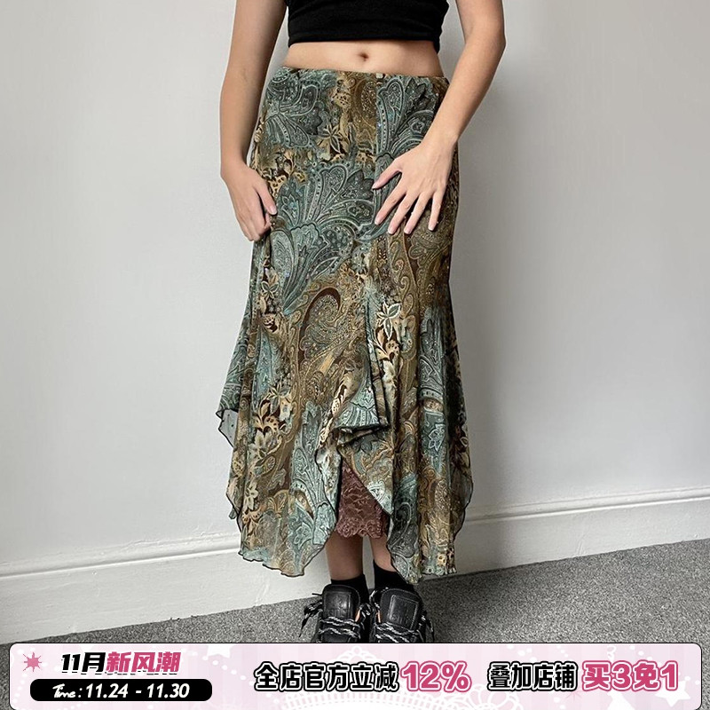 森系特色复古印花蕾丝拼接半身裙