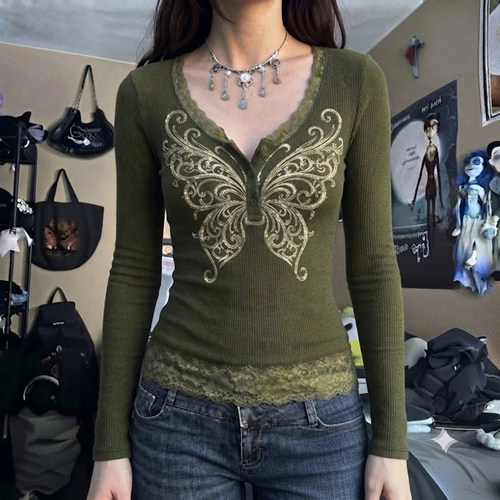 绿色蝴蝶印花蕾丝拼接T恤女