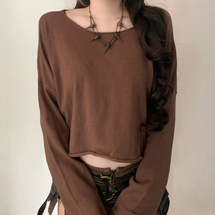 毛织上衣女 棕色圆领宽松长袖 松弛感百搭T恤 基础复古 ROCKMORE