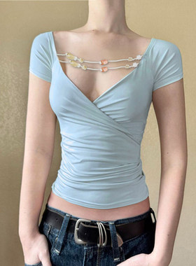 ROCKMORE【古风侘寂】蓝色串珠设计感短袖T恤辣妹低胸V领性感上衣