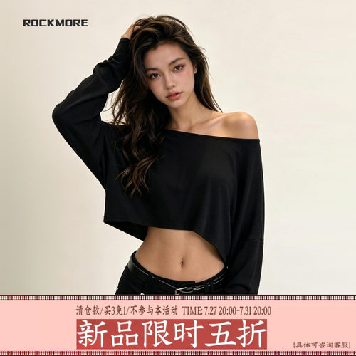 设计感小众斜肩露肩黑色长袖T恤