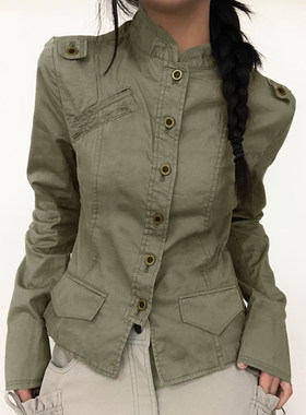 ROCKMORE【美式小众】立领修身排扣梭织外套军绿色工装风休闲上衣