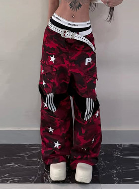 ROCKMORE【千禧年代】炸街红色嘻哈休闲裤五角星印花宽松梭织长裤