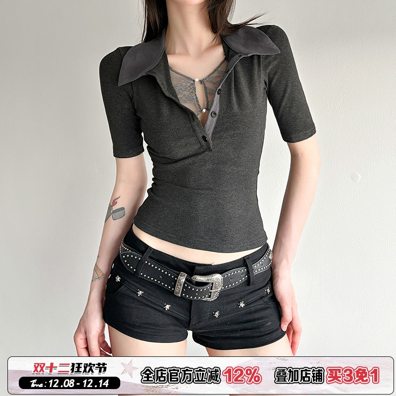 翻领假两件蕾丝短袖T恤