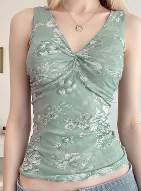 ROCKMORE【薄荷曼波】vintage复古印花扭结背心 小清新网纱上衣夏