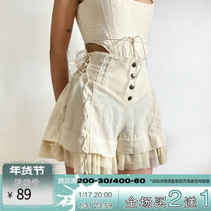 ROCKMORE【宫廷骑士】法式少女荷叶边拼接短裤绑带收腰纽扣阔腿裤