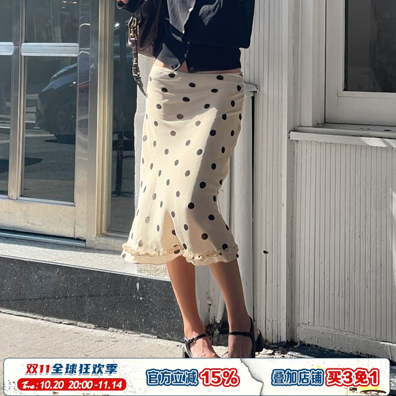 法式风波点撞色木耳边包臀半身裙