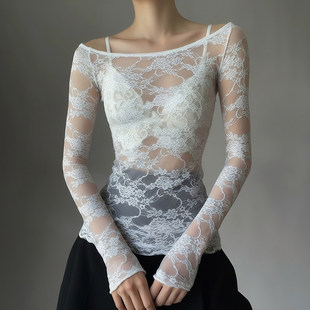 气质百搭一字肩上衣 透视蕾丝拼接镂空打底衫 ROCKMORE 性感法式