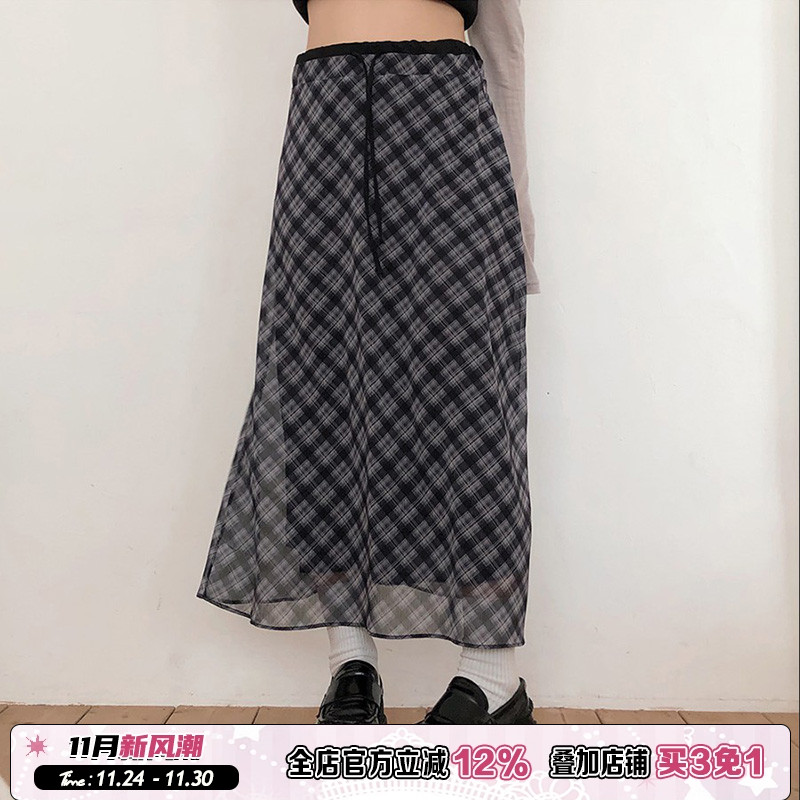 文艺少女感轻薄网纱格子半身裙