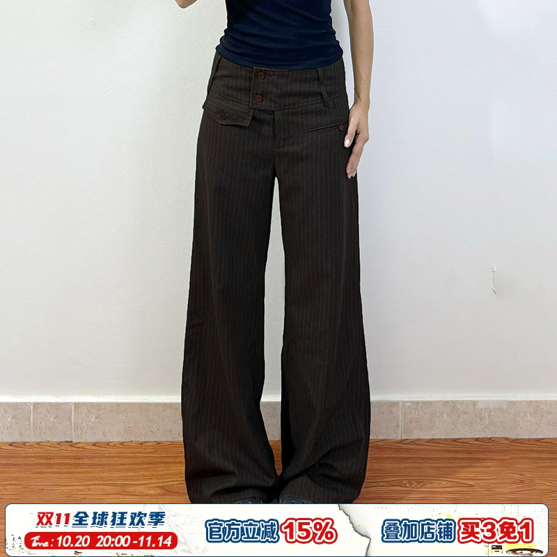 细条纹宽腰头阔腿百搭直筒西装裤