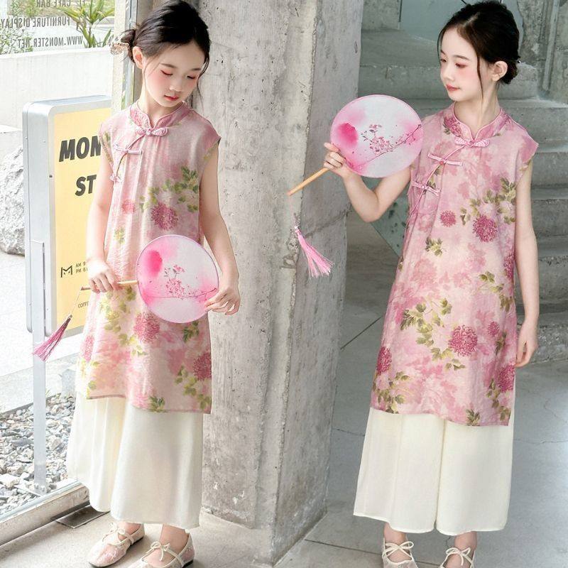 女童国风套装2025新款儿童汉服两件套裙夏季中大童旗袍裙阔腿裤子图片
