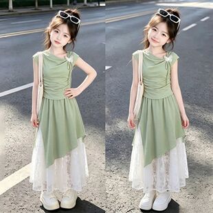 女童夏季清新薄荷绿短袖套装裙2026年中大童甜美风上衣裙子两件套