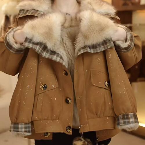 2025韩版女童派克服冬装新款洋气加厚小女孩外套儿童加厚大翻领潮
