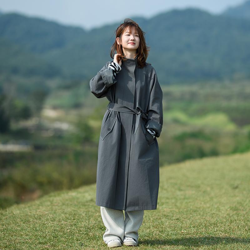 乐往原创女装 群山 秋冬纯棉单排扣立领宽松休闲文艺长款风衣外套