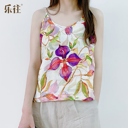 L.WANG 乐往原创女装夏花朵印花纯亚麻文艺度假吊带背心上衣不透