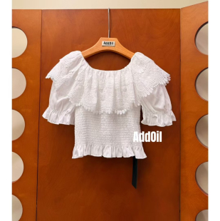 衬衫 复古一字肩蕾丝刺绣荷叶边泡泡袖 设计感上衣 法式 2025早春新款