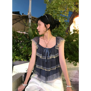 Hoo miyao 超嗲三重奏无袖蕾丝小衫法式甜美显瘦纯欲吊带背心上衣