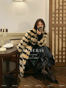 KUBERAS/财阀限定高级感洋气条纹短款长款环保毛皮草加厚大衣外套