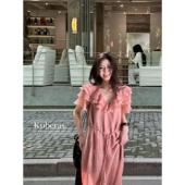 KUBERAS A字长裙 连衣裙气质法式 长款 宽松设计感多层荷叶边U领短袖