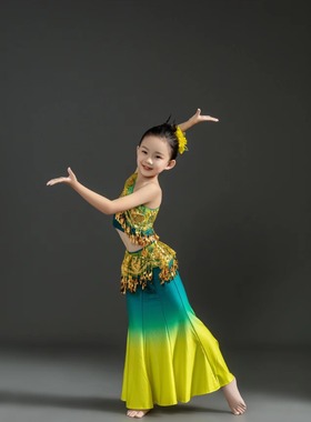 儿童傣族舞蹈演出服装表演服鱼尾练功裙女成人剧目考级艺考孔雀舞
